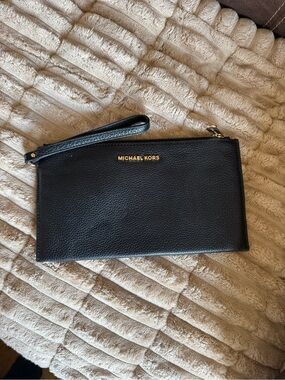 Michael Kors Black Leather Large Wristlet with Gold Logo